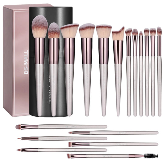 BS-MALL Champagne Gold Synthetic Cosmetic Brushes Kit 18PCS Custom Vegan Makeup Brushes Set With Bag-0