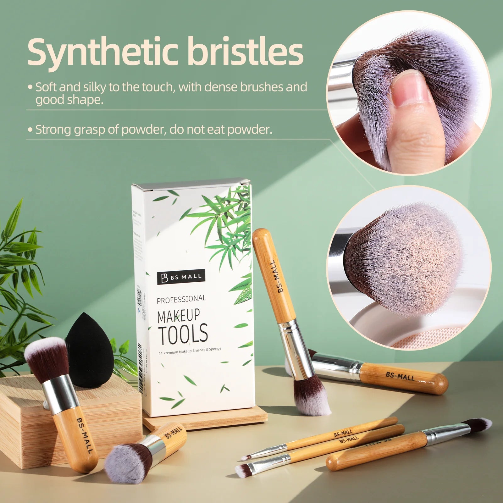 Eco-friendly Bamboo Makeup Brushes 11PCS Wholesale Private Label Vegan Bamboo Handle Makeup Brushes Sponge Set-4
