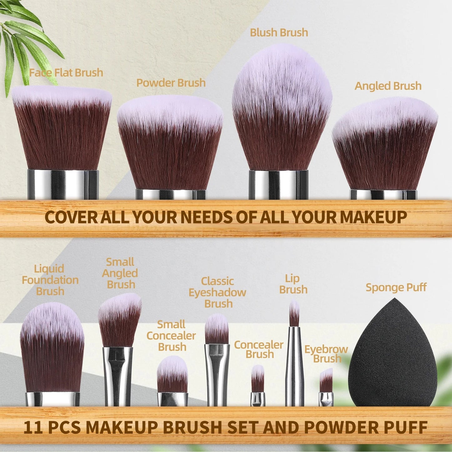 Eco-friendly Bamboo Makeup Brushes 11PCS Wholesale Private Label Vegan Bamboo Handle Makeup Brushes Sponge Set-2
