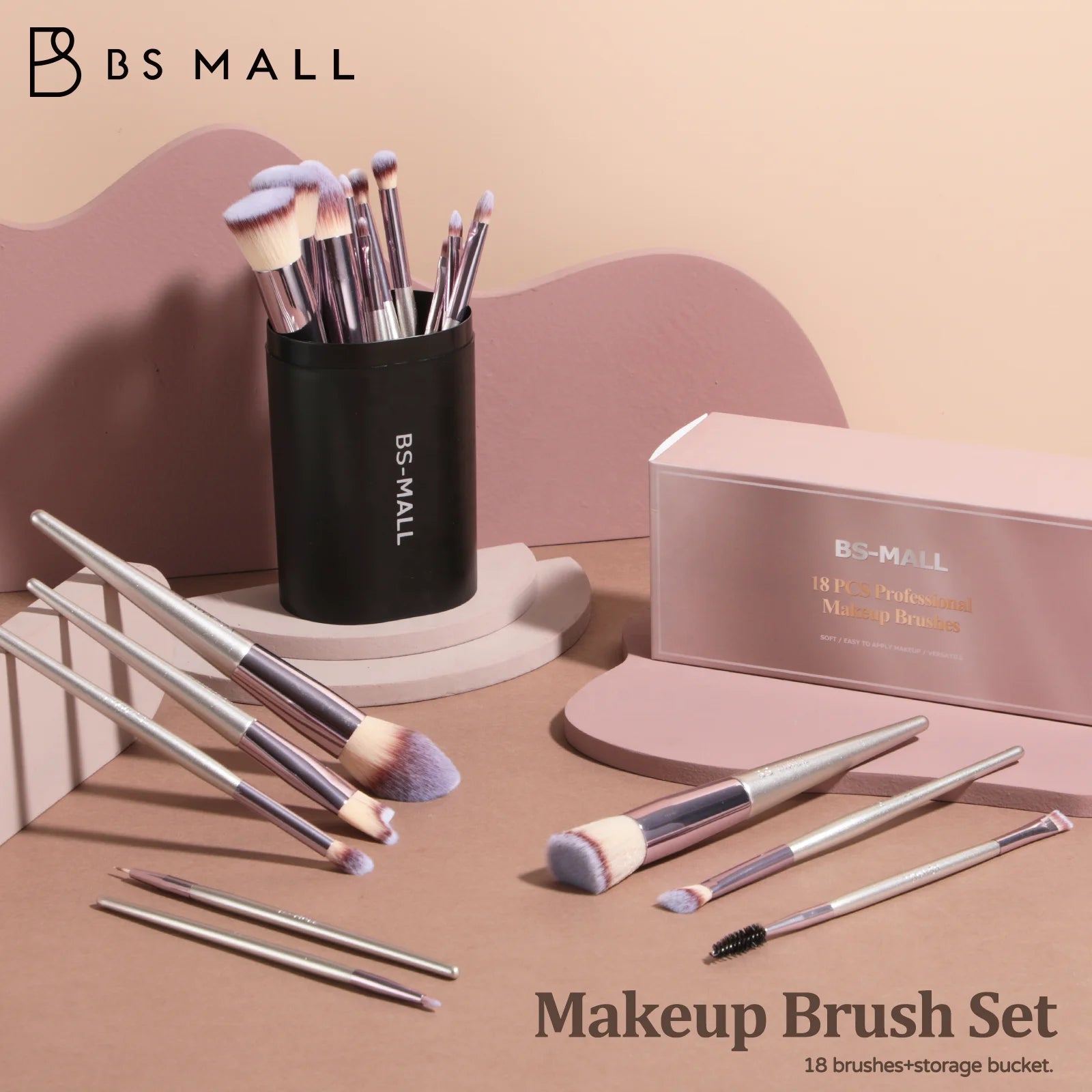 BS-MALL Champagne Gold Synthetic Cosmetic Brushes Kit 18PCS Custom Vegan Makeup Brushes Set With Bag-4