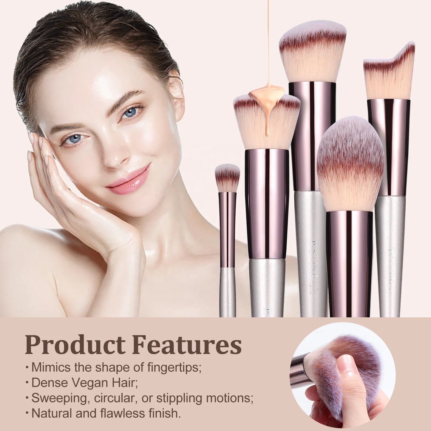 BS-MALL 18pcs Champagne Gold Makeup Brush Private Label Custom Makeup Cosmetic Brushes Set with Brush Holder-4