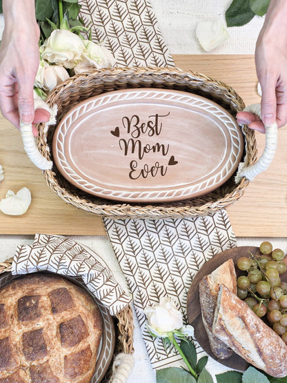 Bread Warmer & Basket Gift Set with Tea Towel - Mom Oval-3