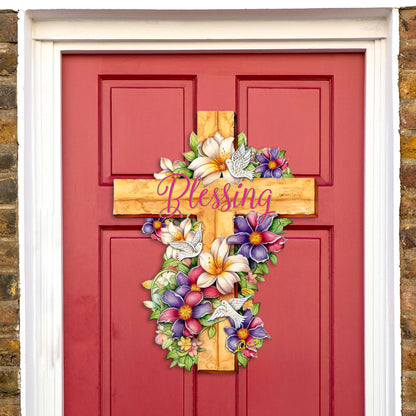 Floral Dove Blessing Cross Holiday Door Decor by G. Debrekht - Easter Spring Decor - 8688163H-0