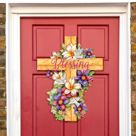 Floral Dove Blessing Cross Holiday Door Decor by G. Debrekht - Easter Spring Decor - 8688163H-0