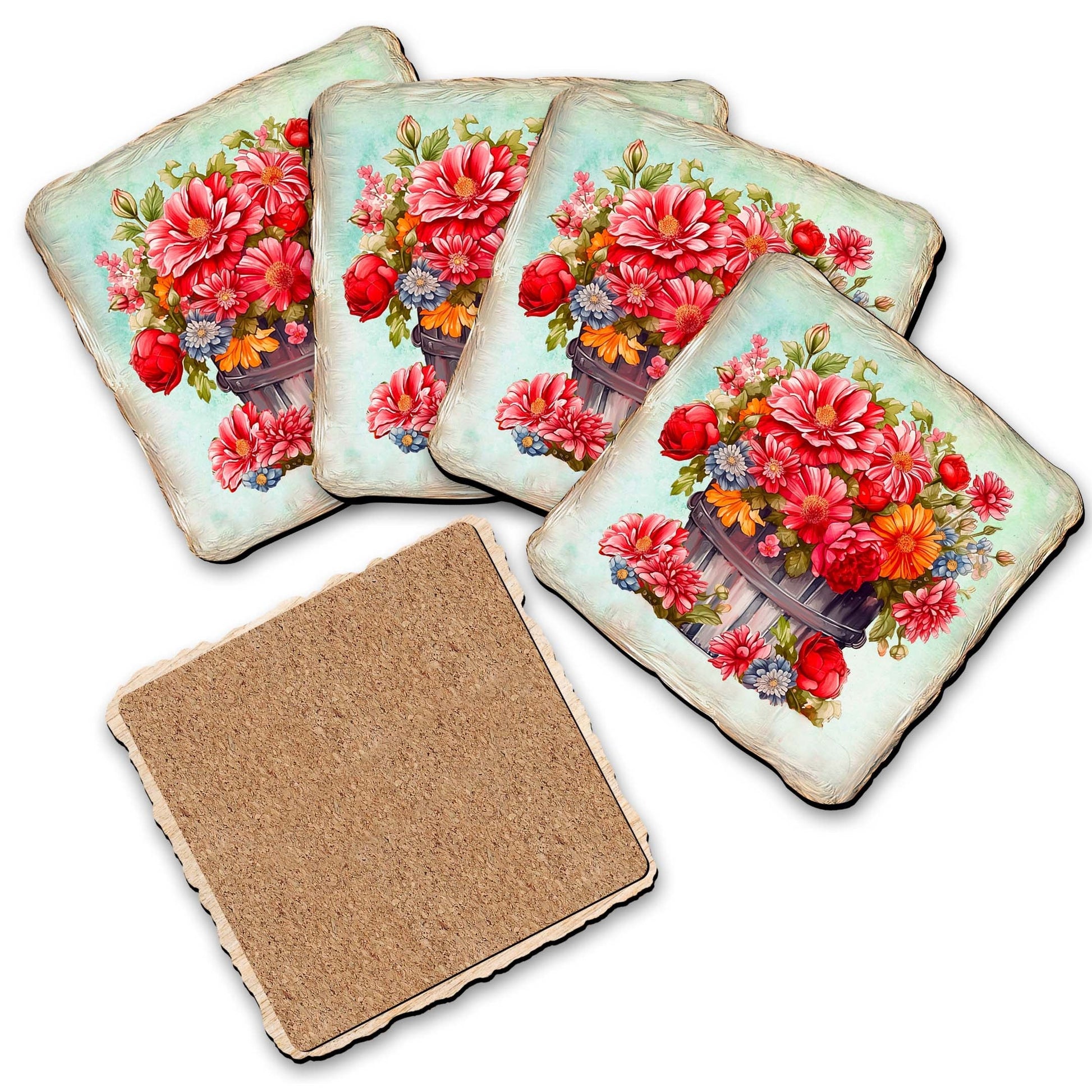 Flowers in the Basket Wooden Cork Coasters Gift Set of 4 by Nature Wonders - Nature Wildlife Decor - 95405C-S4-2