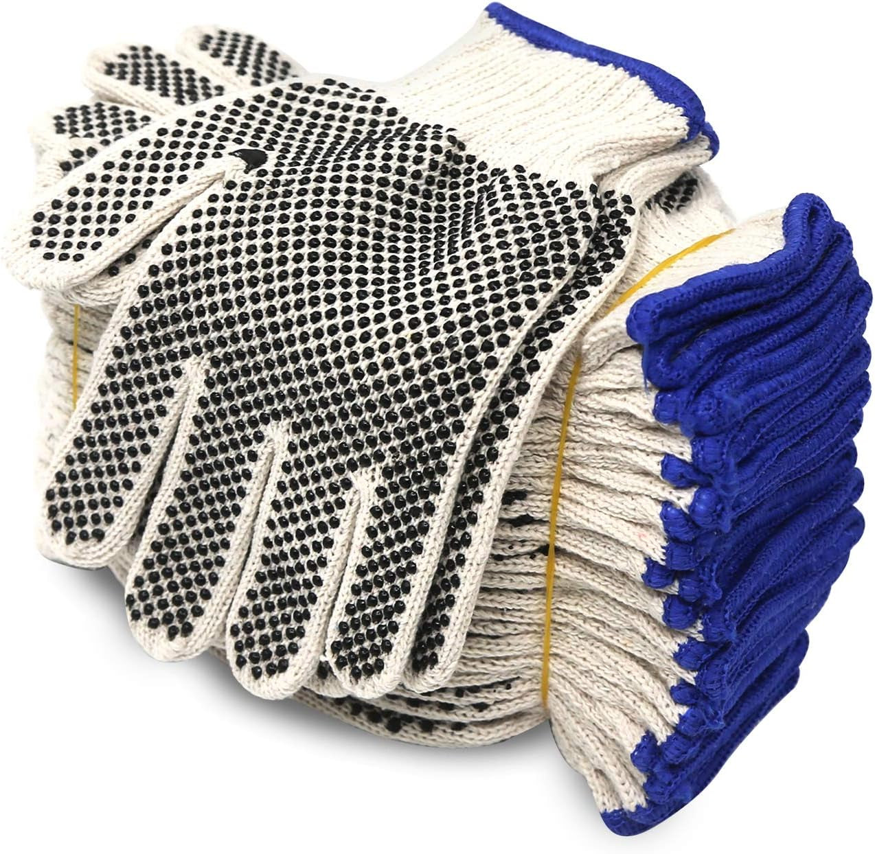Cotton Polyester String Knit Shell Safety Protection Work Gloves for Painter Mechanic Industrial Warehouse Gardening Construction Men & Women 12 Pairs, with One Side Dots, L Size