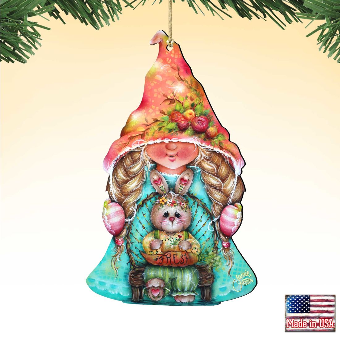 Gnome Girl with Bunny Wooden Ornaments by Jamie Mills-Price - Easter Spring Decor - 8457610-1
