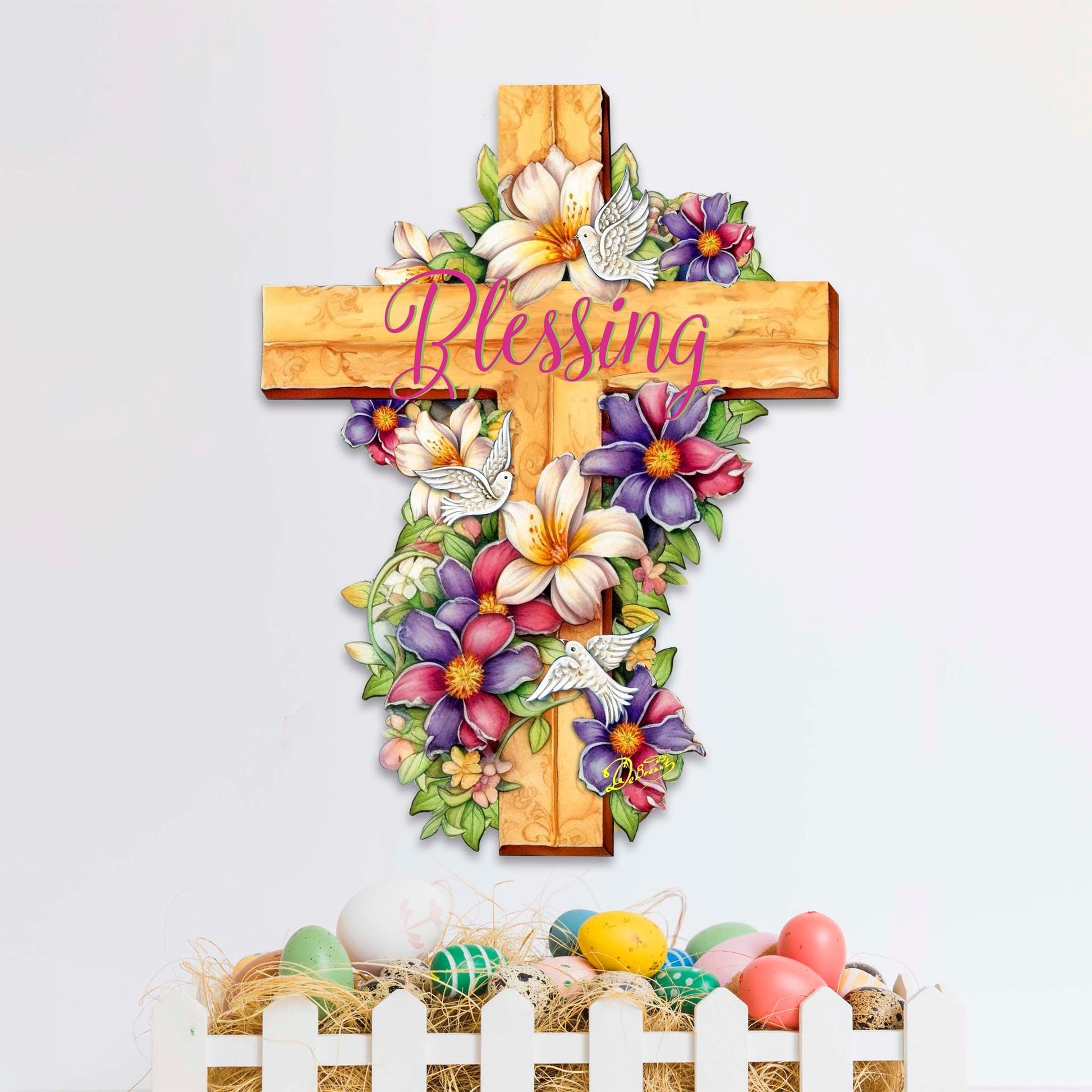 Floral Dove Blessing Cross Holiday Door Decor by G. Debrekht - Easter Spring Decor - 8688163H-3