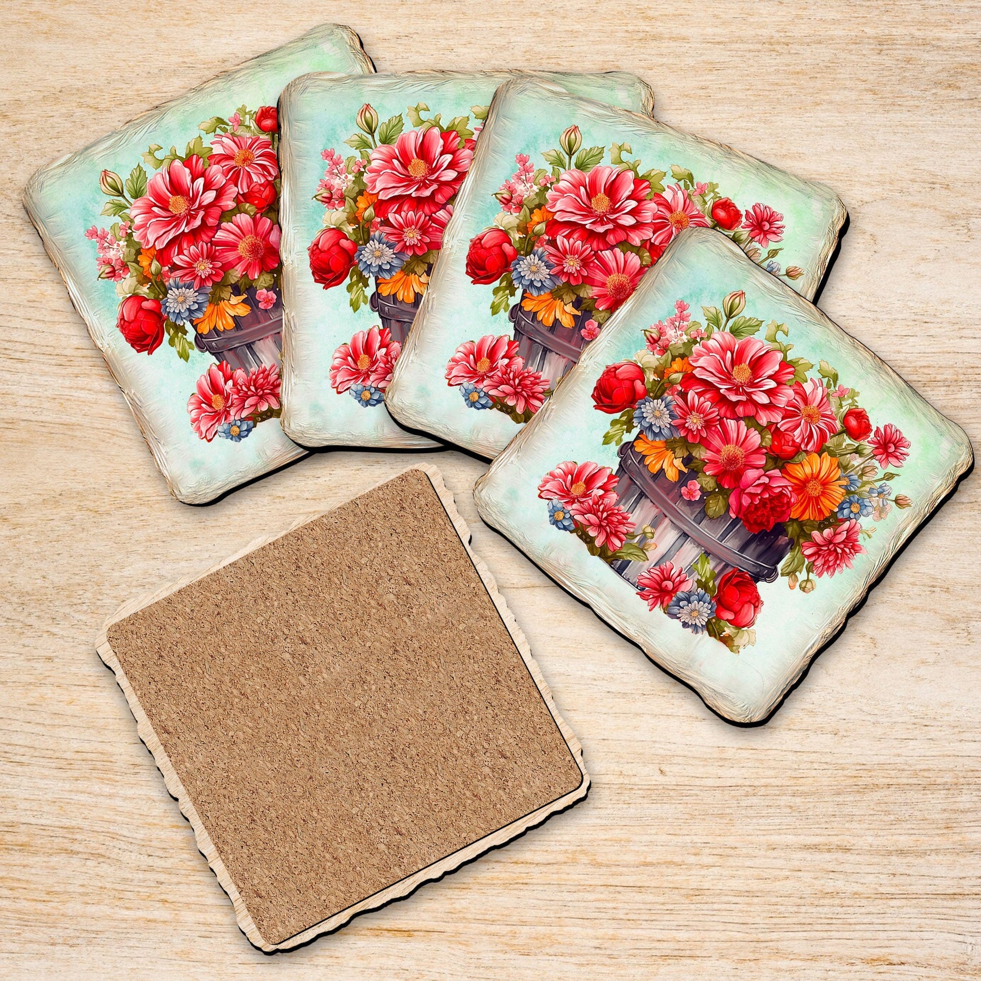 Flowers in the Basket Wooden Cork Coasters Gift Set of 4 by Nature Wonders - Nature Wildlife Decor - 95405C-S4-1