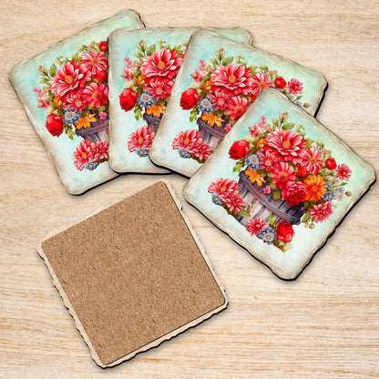 Flowers in the Basket Wooden Cork Coasters Gift Set of 4 by Nature Wonders - Nature Wildlife Decor - 95405C-S4-1